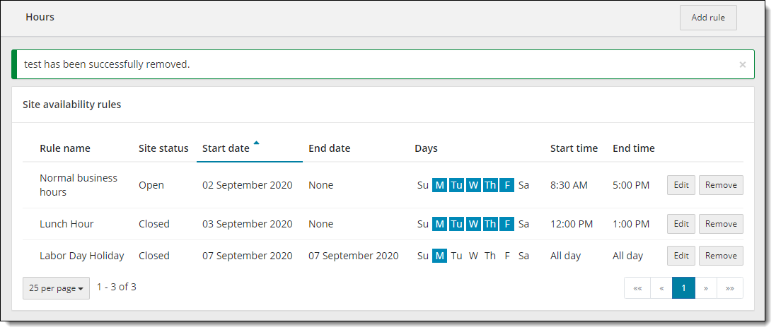 Site availability rule successfully removed.